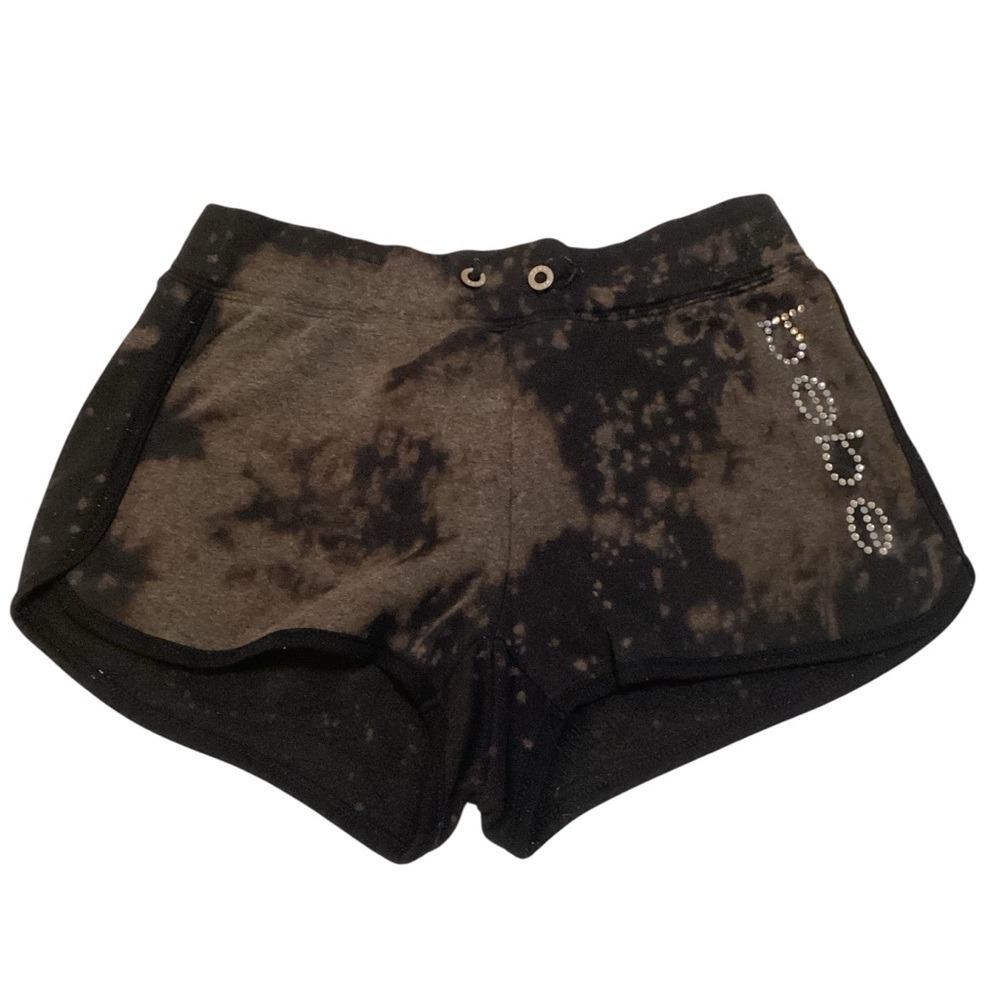 Bebe Bleach Wash Tie Dye Rhinestone Logo Lounge Shorts Black Brown Y2K